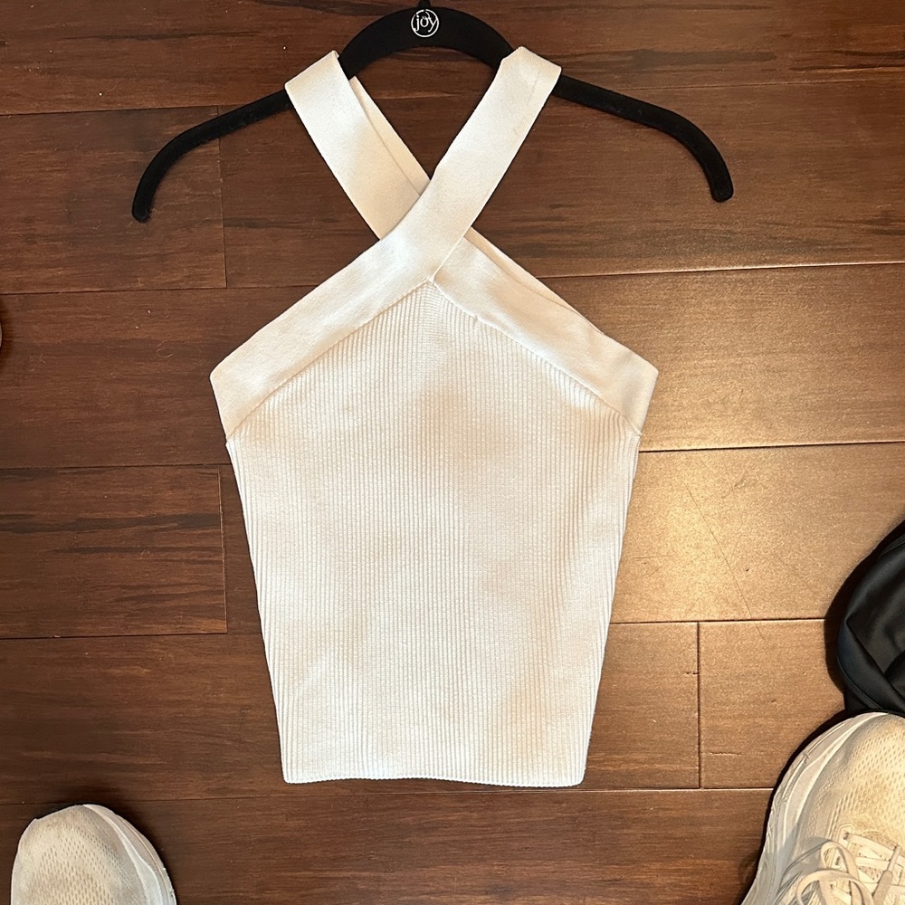 Babaton Ivory Ribbed Cross-Back Tank Top